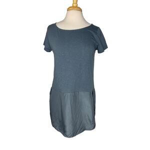 GARNET HILL Teal Blue Cotton Mixed Media Trim Short Sleeve Tunic Blouse Small